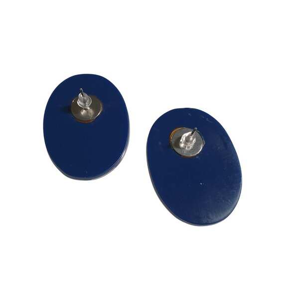 Oval Mother Of Pearl Vintage Navy Geometric Stud Earrings Acrylic Costume Retro - Picture 3 of 4